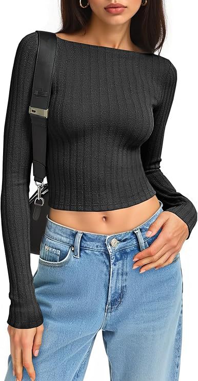 Damen Tailliertes Ripp-Cropped-Longsleeve mit U-Boot-Ausschnitt und Stretch-Baumwollmix Echo Archiv