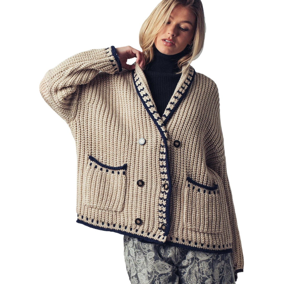 Damen Grobstrick-Cardigan mit Schalkragen, Zierstreifen & aufgesetzten Taschen – Veloura