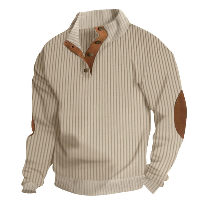 Herren nan strukturierter Ripp-Pullover mit kurzem Knopfkragen und Wildleder-Ellbogenpatches Echo Archiv