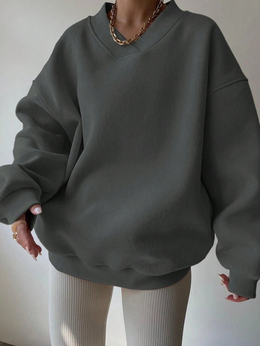 Damen Oversized V-Ausschnitt Sweatshirt mit verstärktem Rippkragen und extraweitem Cut – Avérine
