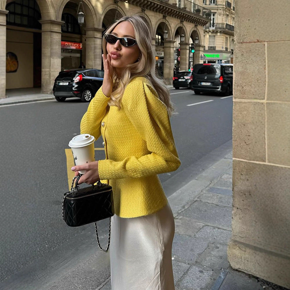 Damen Taillierter Bouclé-Peplum-Blazer mit Zierknöpfen Echoarchiv