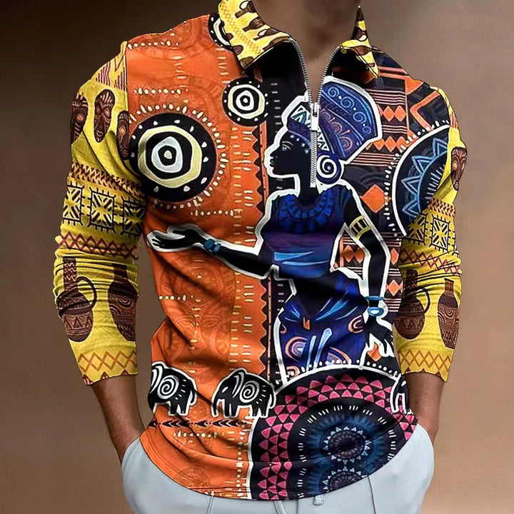 Herren Zip-Up Shirt mit kunstvollem Ethno-Design und elastischen Ärmelabschlüssen Echoarchiv