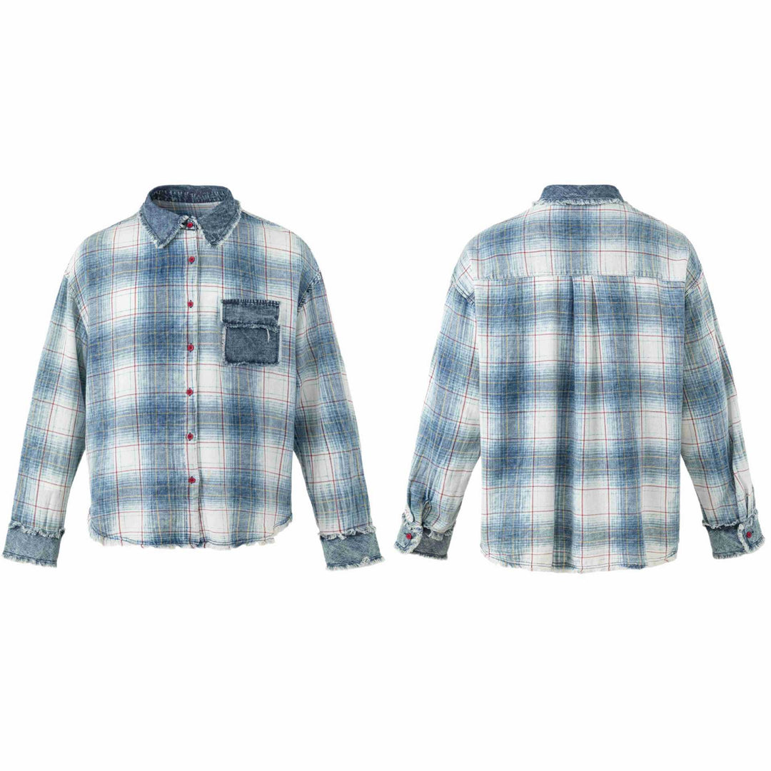 Damen Oversize kariertes Hemdjacke mit Denim-Applikationen und ausgefransten Kanten Echoarchiv