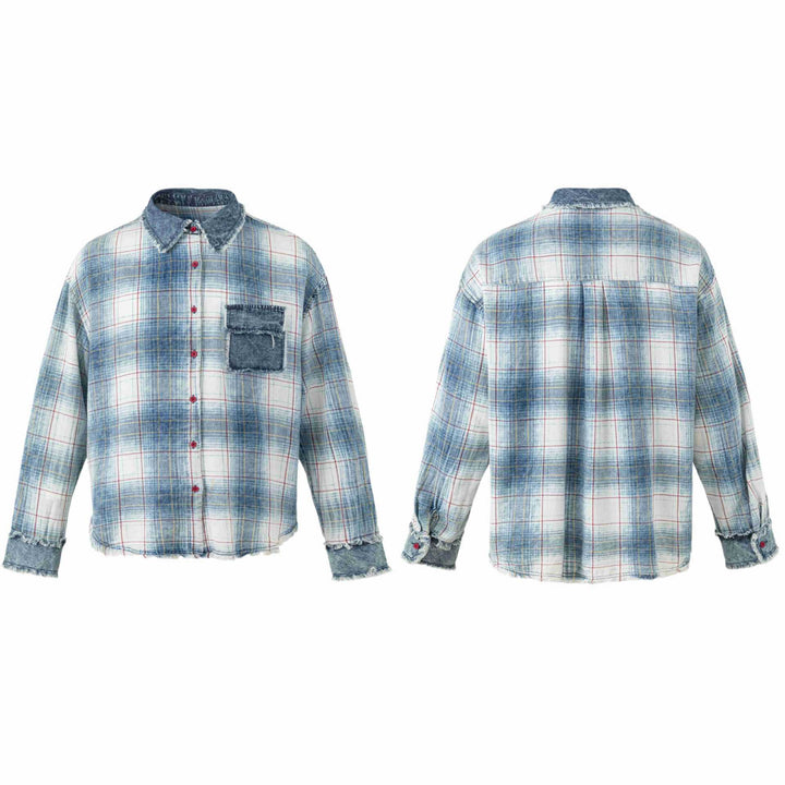 Damen Oversize kariertes Hemdjacke mit Denim-Applikationen und ausgefransten Kanten Echoarchiv
