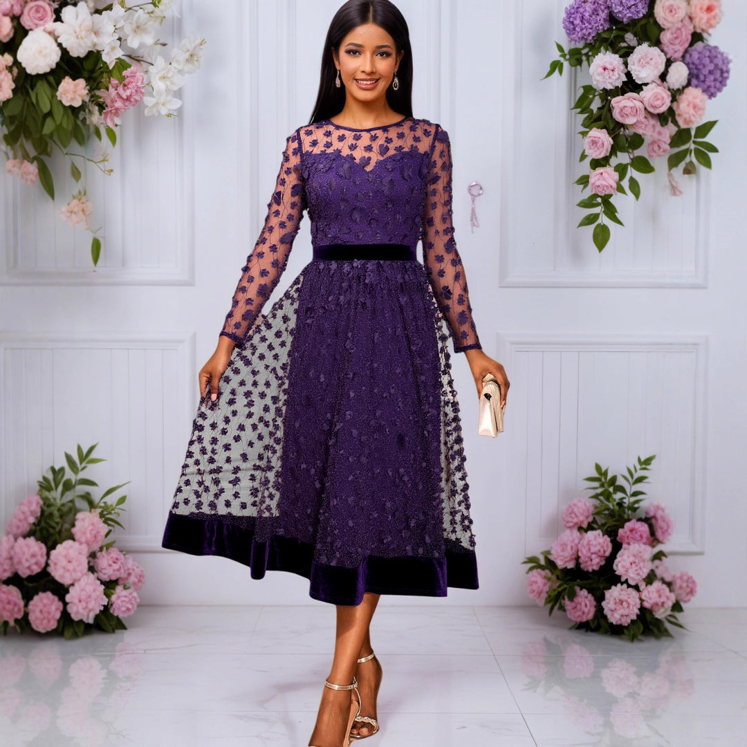 Damen elegantes A-Linien Abendkleid mit floralen Spitzenapplikationen Echo Archiv