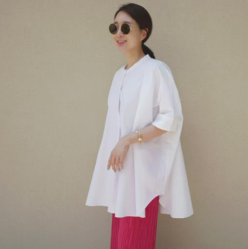 Damen Oversize-Tunikahemd mit Stehkragen, kastiger A-Linie und verlängertem Rückensaum – Maréline