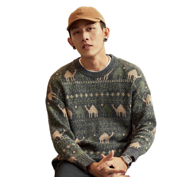 Herren Strickpullover mit Kamel-Jacquardmuster und geripptem Saum Echoarchiv