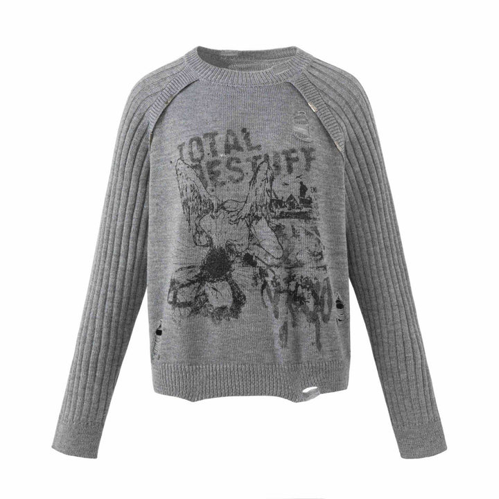 Damen Grobgestrickter Distressed Raglanpullover mit Retro-Grafikprint Echoarchiv