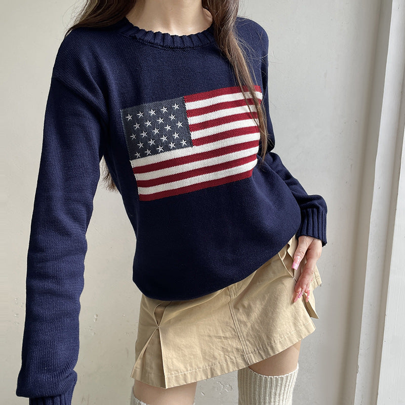 Damen Kuscheliger Baumwollmix-Strickpullover mit Rundhals und eingestrickter Flaggenapplikation Echo Archiv