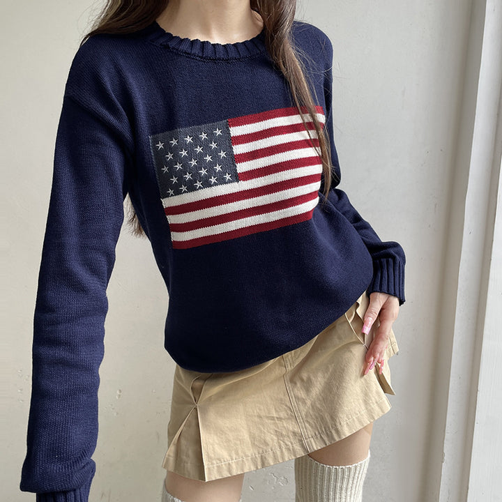 Damen Kuscheliger Baumwollmix-Strickpullover mit Rundhals und eingestrickter Flaggenapplikation Echo Archiv