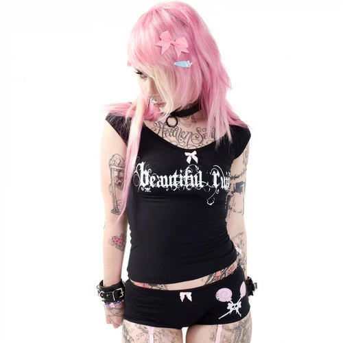 Damen Kurzarmshirt mit stilvollem Schriftzug und dekorativem Schleifenakzent Echo Archiv