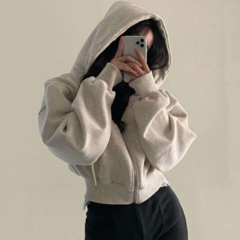 Damen oversized cropped Kapuzenjacke mit Reißverschluss und Ballonärmeln – Auréline