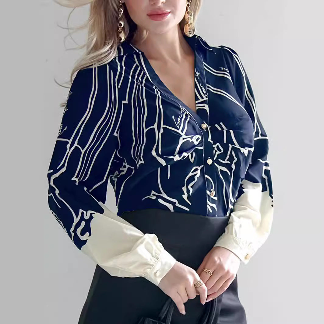Damen V-Ausschnitt-Bluse mit abstraktem Grafikprint, Ballonärmeln und kontrastierenden Manschetten – Avérine