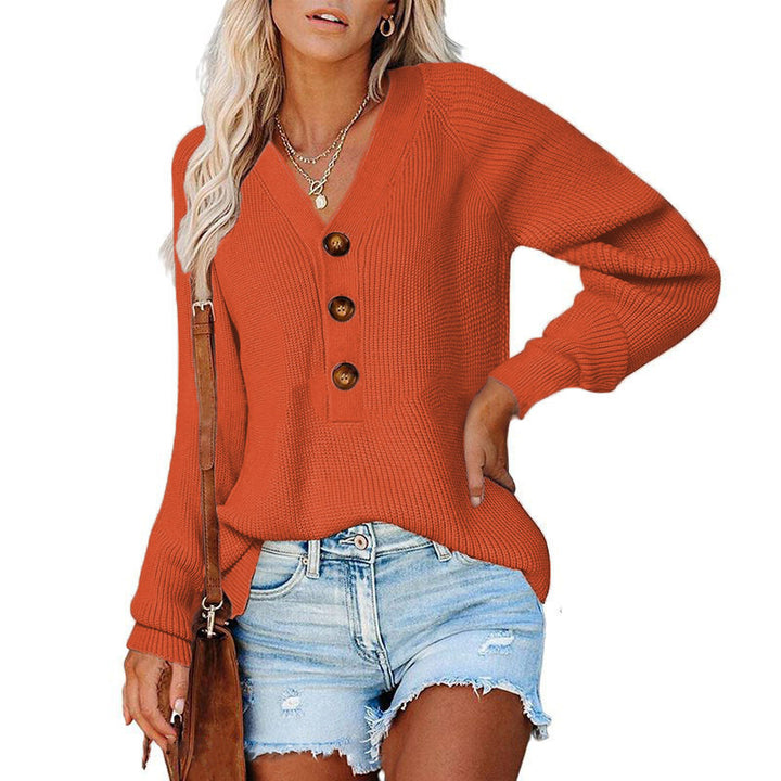 Damen Gerippter Strickpullover mit V‑Ausschnitt, Zierknopfleiste und Ballonärmeln Echoarchiv