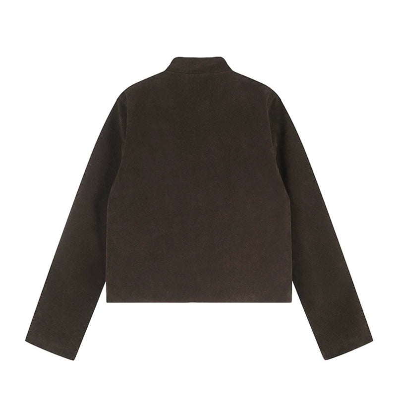 Damen Kurzjacke aus Veloursleder im militärischen Stil mit Stehkragen und Zierriegeln Echoarchiv
