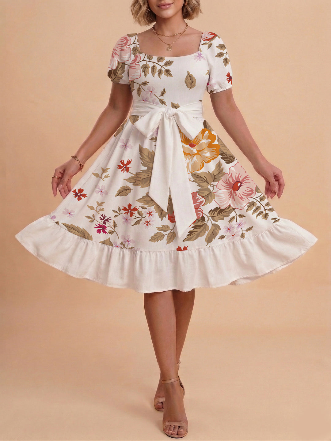 Damen Sommerliches Blumenkleid mit taillierbarem Gürtel und voluminösen Ärmeln Echo Archiv