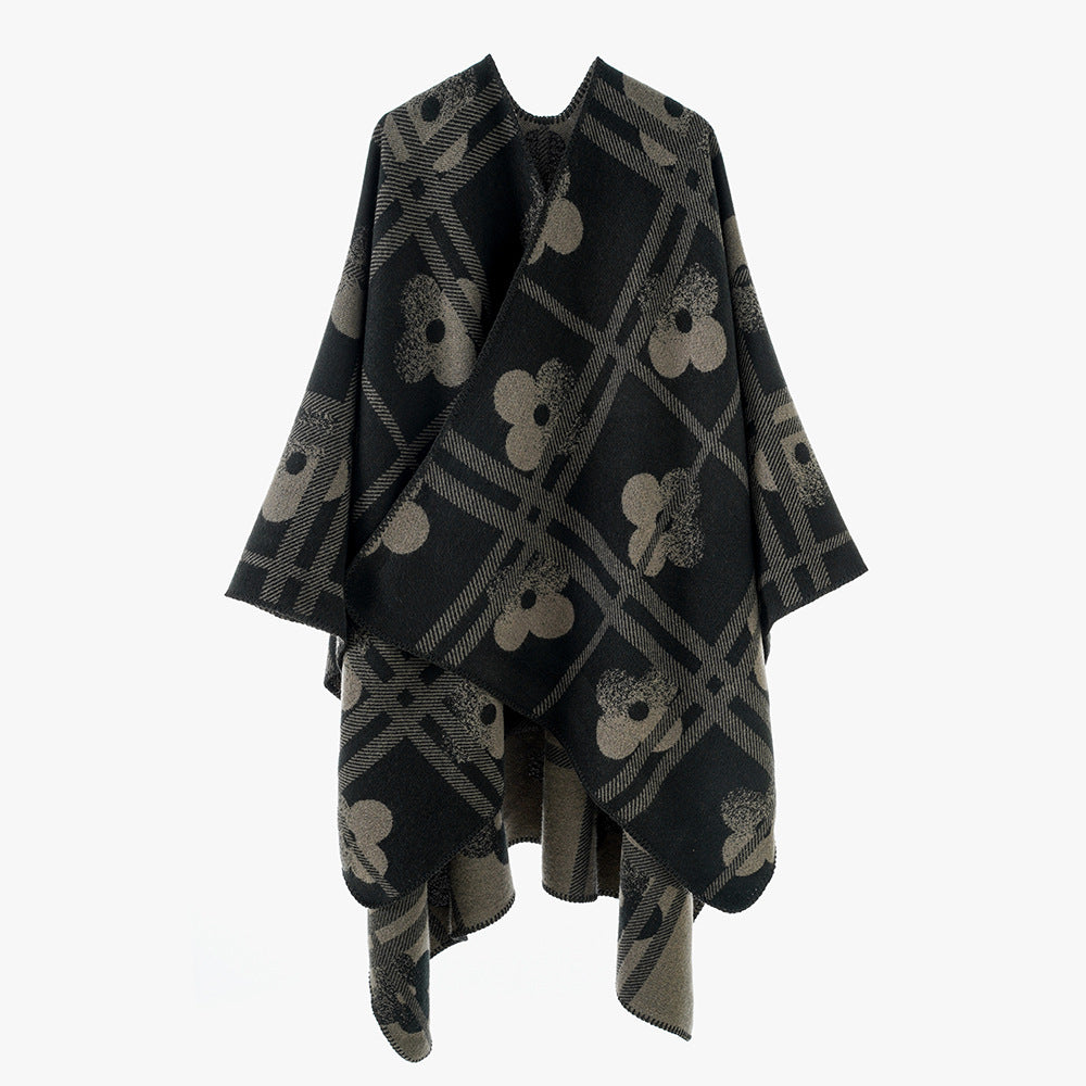 Damen Grobgewebter Deckenponcho im Ruana‑Schnitt mit floraler Karo‑Jacquard – Avérine