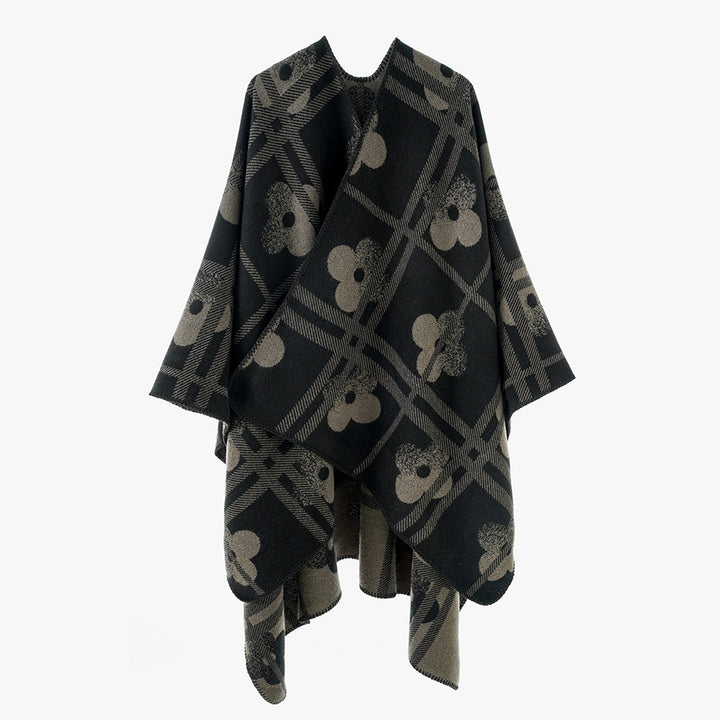 Damen Grobgewebter Deckenponcho im Ruana‑Schnitt mit floraler Karo‑Jacquard – Avérine