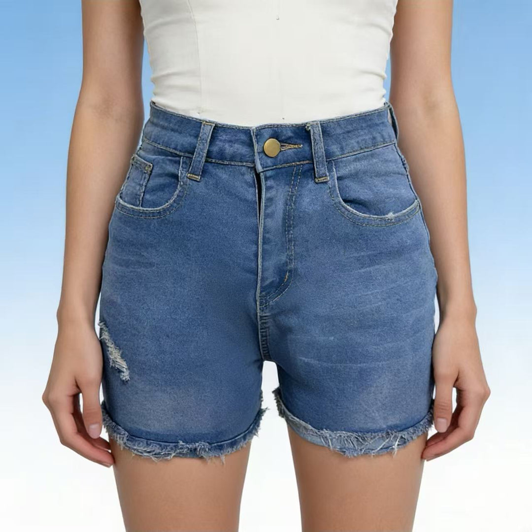 Damen lässige High-Waist Denim-Shorts mit Fransen und modischen Destroyed-Details Echo Archiv