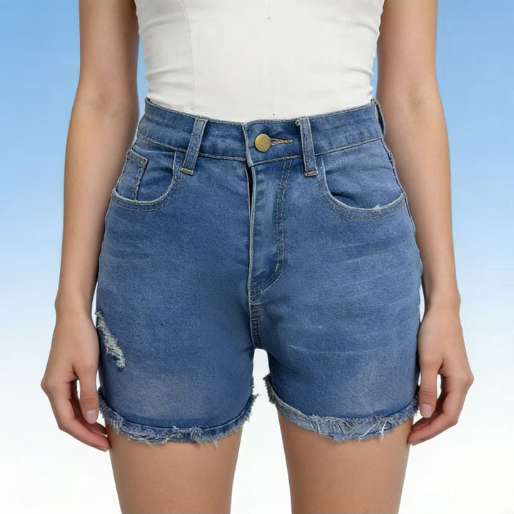 Damen lässige High-Waist Denim-Shorts mit Fransen und modischen Destroyed-Details Echo Archiv