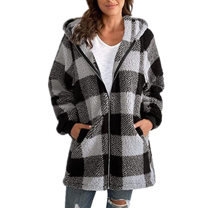 Damen Kariertes Teddy-Fleece-Mantel mit Kapuze und Reißverschluss Echo Archiv