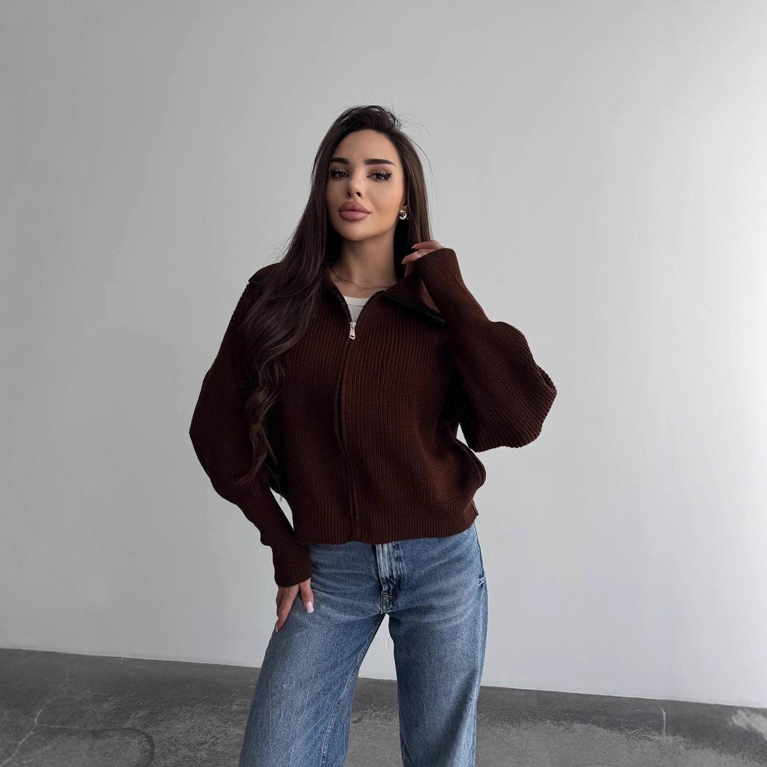 Damen Grobstrick-Zipper-Cardigan mit Ballonärmeln und Stehkragen Echoarchiv