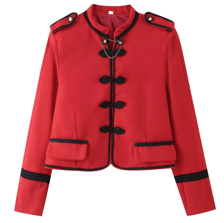 Damen 300+ taillierte Cropped‑Militärblazerjacke mit Stehkragen, Schulterpatten und dekorativen Froschverschlüssen Echo Archiv