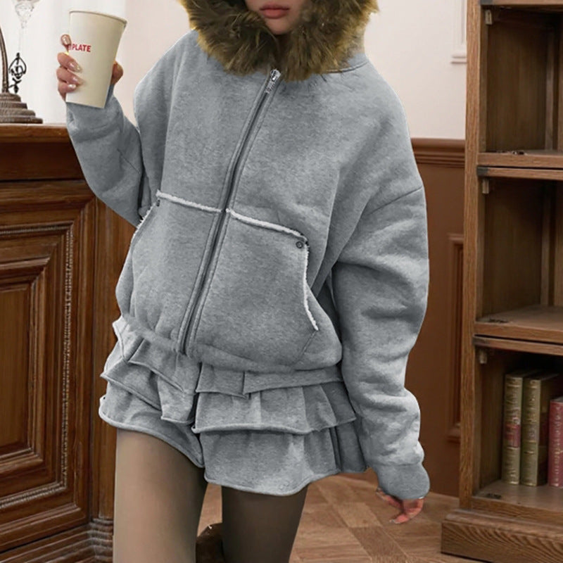 Damen Oversize Teddy-Kapuzenjacke mit Kunstpelzbesatz und Fleece-Futter – Avérine