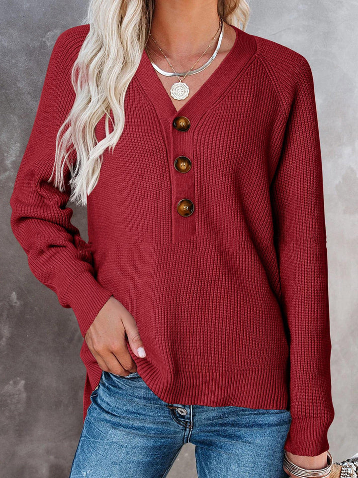 Damen Gerippter Strickpullover mit V‑Ausschnitt, Zierknopfleiste und Ballonärmeln Echoarchiv