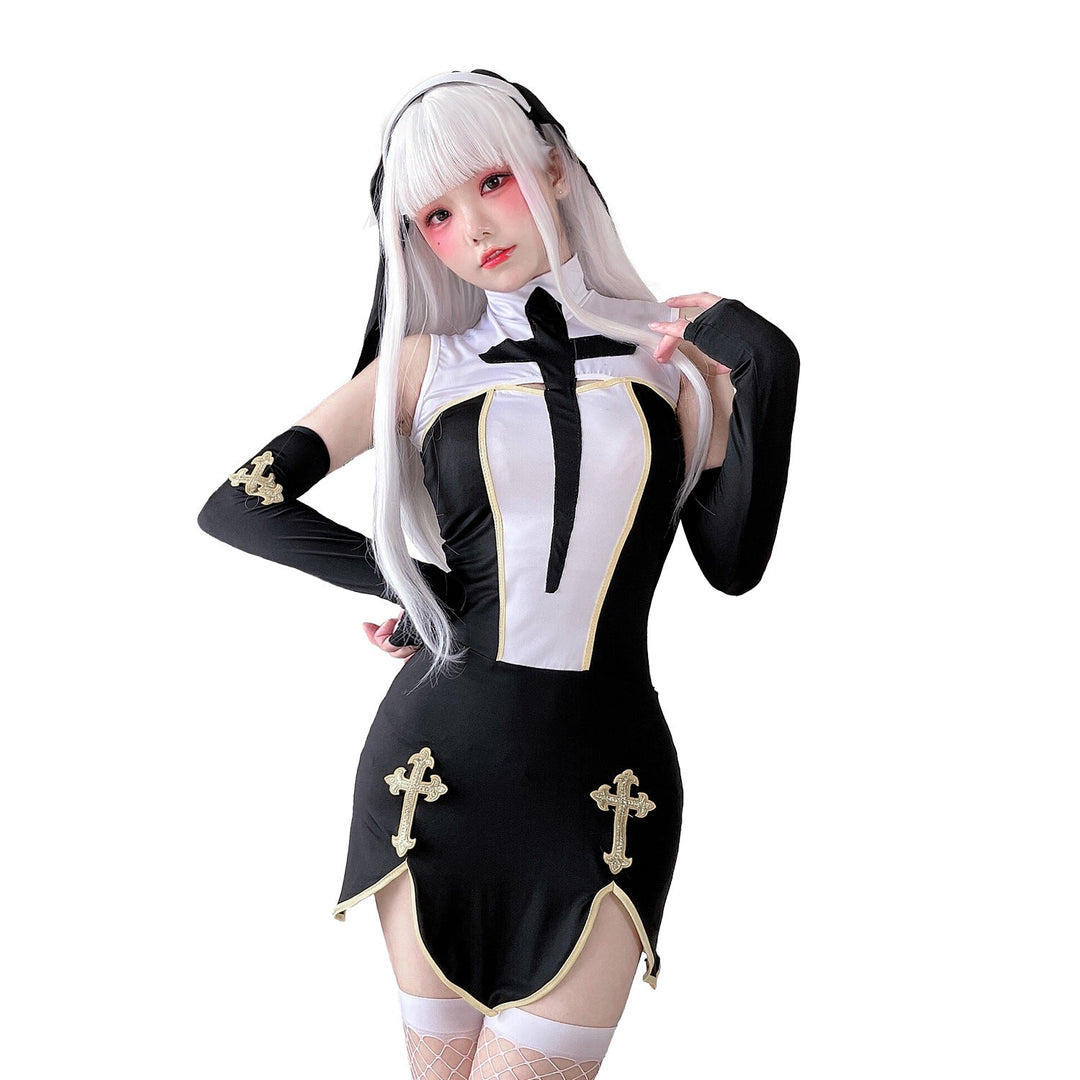 Damen Gothic Minikleid mit Spitzenärmeln und Kreuzdetails Echo Archiv