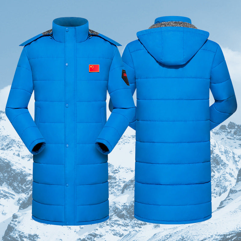 Herren langer gesteppter Thermo-Steppmantel mit Kapuze Schulterklappen und verdeckter Druckknopfleiste – Montevé