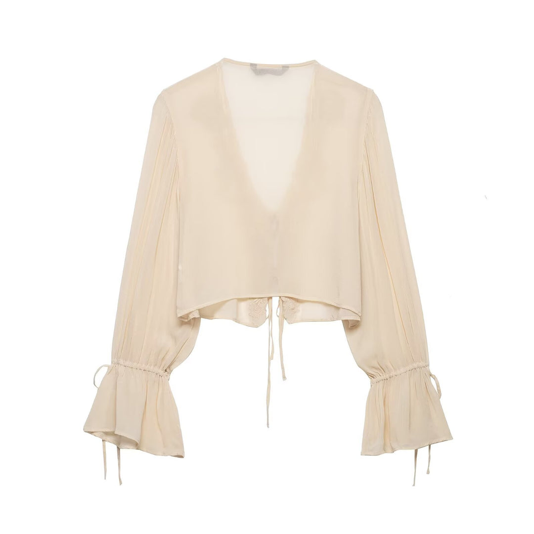 Damen Transparente Chiffon-Bolerobluse mit tiefem V-Ausschnitt, Spitzendetail und Bindebändern Echo Archiv