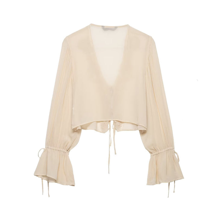 Damen Transparente Chiffon-Bolerobluse mit tiefem V-Ausschnitt, Spitzendetail und Bindebändern Echo Archiv
