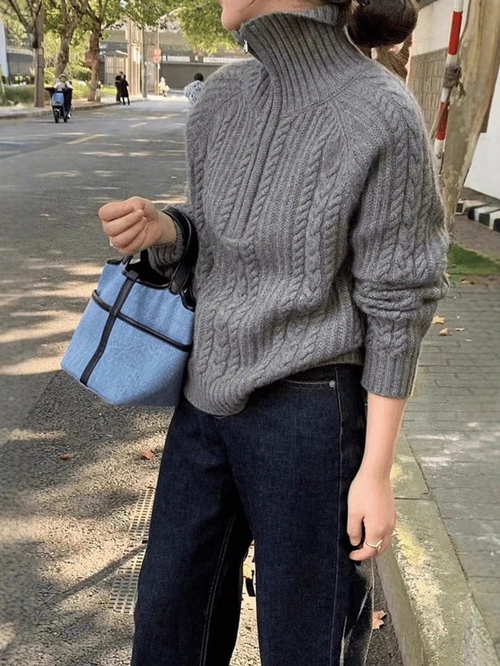 Damen Zopfstrick-Polokragenpullover mit Halbreißverschluss und weichem Mohair-Look Echoarchiv
