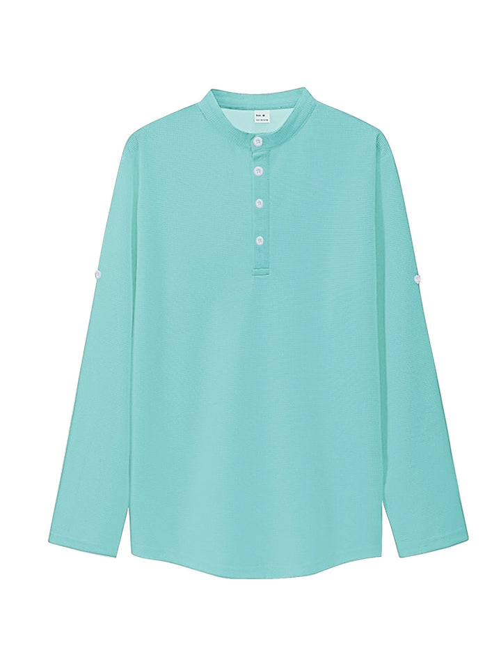 Damen nan oversized Langarm-Henley mit Stehkragen Waffelstruktur und Ärmelsicherung Echo Archiv