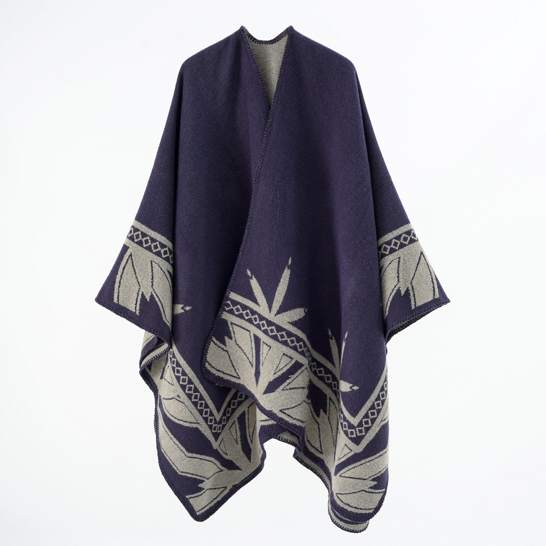 Damen Grobgewebter Umhangponcho aus Wollmix mit V-Ausschnitt und Ornamentjacquard – Veloura