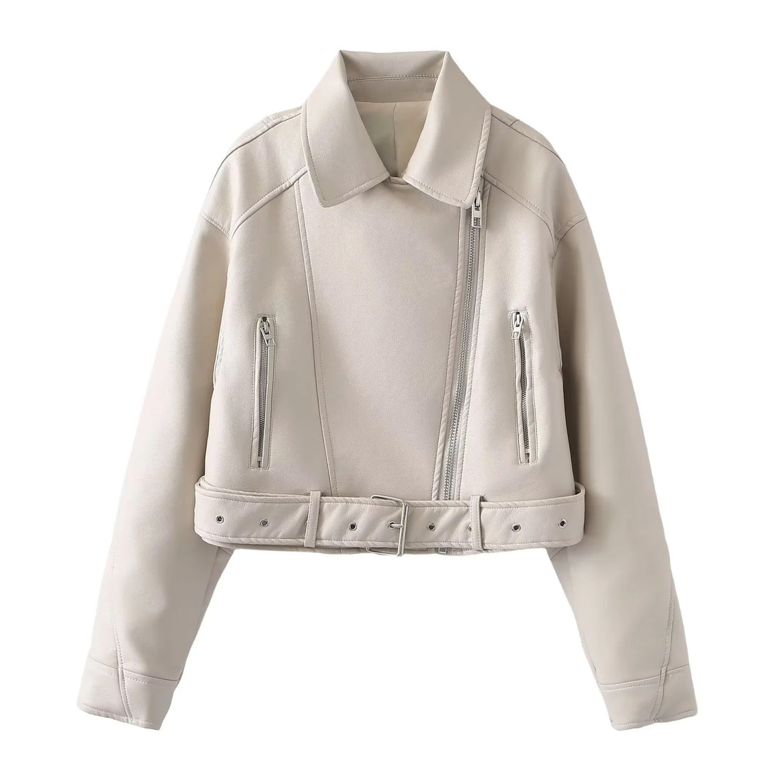 Damen kurzer Bikerjacke aus veganem Lederimitat mit asymmetrischem Reißverschluss, Taillengürtel und Schulterklappen – Célinea