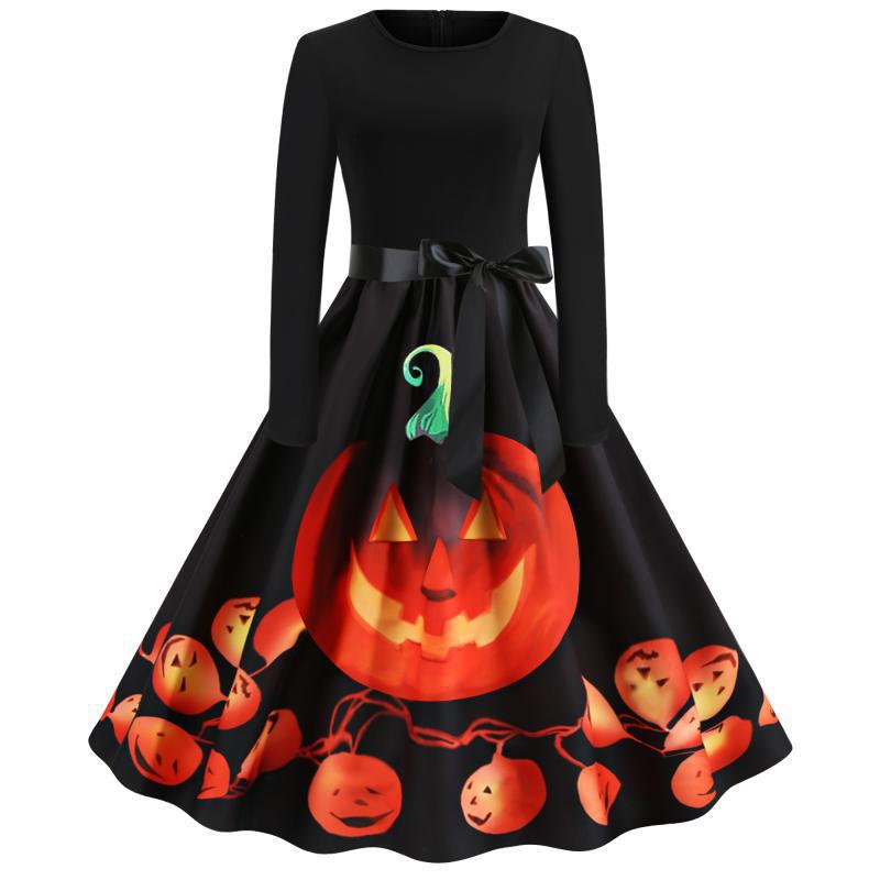 Damen Schwingendes Kleid mit Halloween-Kürbismotiv, Langarm und Taillenschleife – Élara