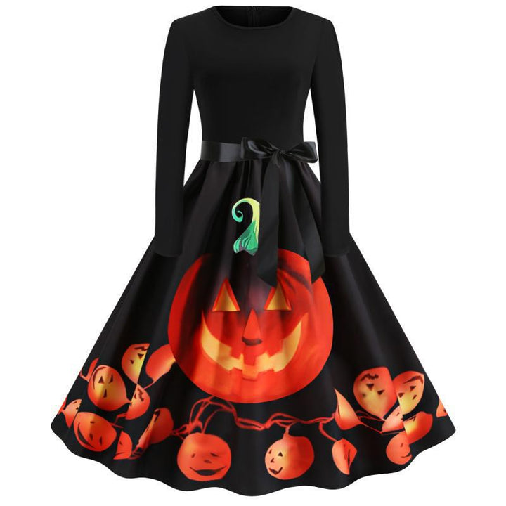 Damen Schwingendes Kleid mit Halloween-Kürbismotiv, Langarm und Taillenschleife – Élara