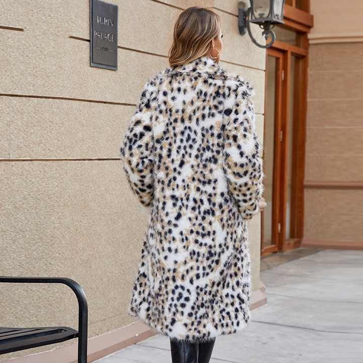 Damen Midi-Kunstpelzmantel mit Leopardenprint, tailliertem Bindegürtel und Schalkragen Echo Archiv