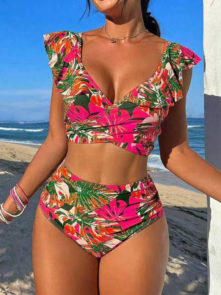 Damen Hoch-tailliertes Badebikini mit verspielten Rüschendetails Echo Archiv