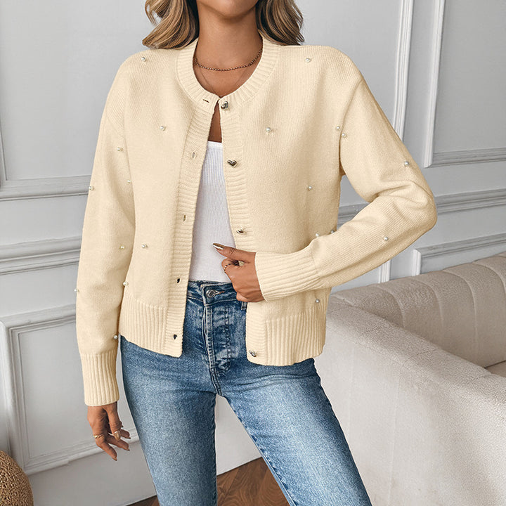 Damen Perlenverzierter Strickcardigan mit Herzknöpfen und geripptem Saum Echoarchiv