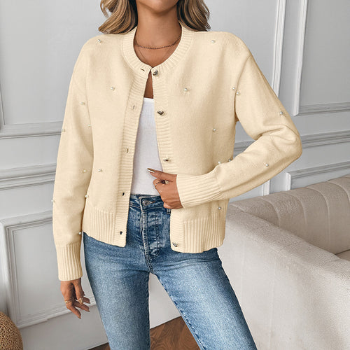 Damen Perlenverzierter Strickcardigan mit Herzknöpfen und geripptem Saum Echoarchiv