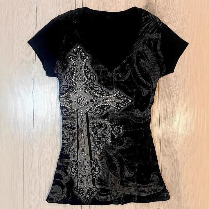Damen T-Shirt mit aufwendigem Kreuz-Design und Strass-Akzenten Echo Archiv