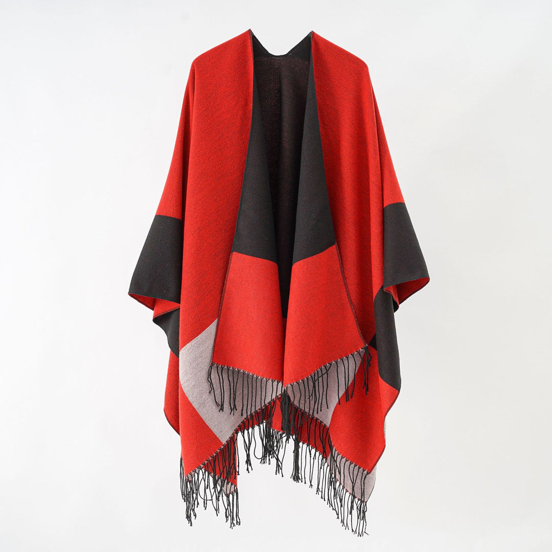 Damen Oversize-Ruana aus Wollmix mit Farbblock‑Design und Fransen Echo Archiv