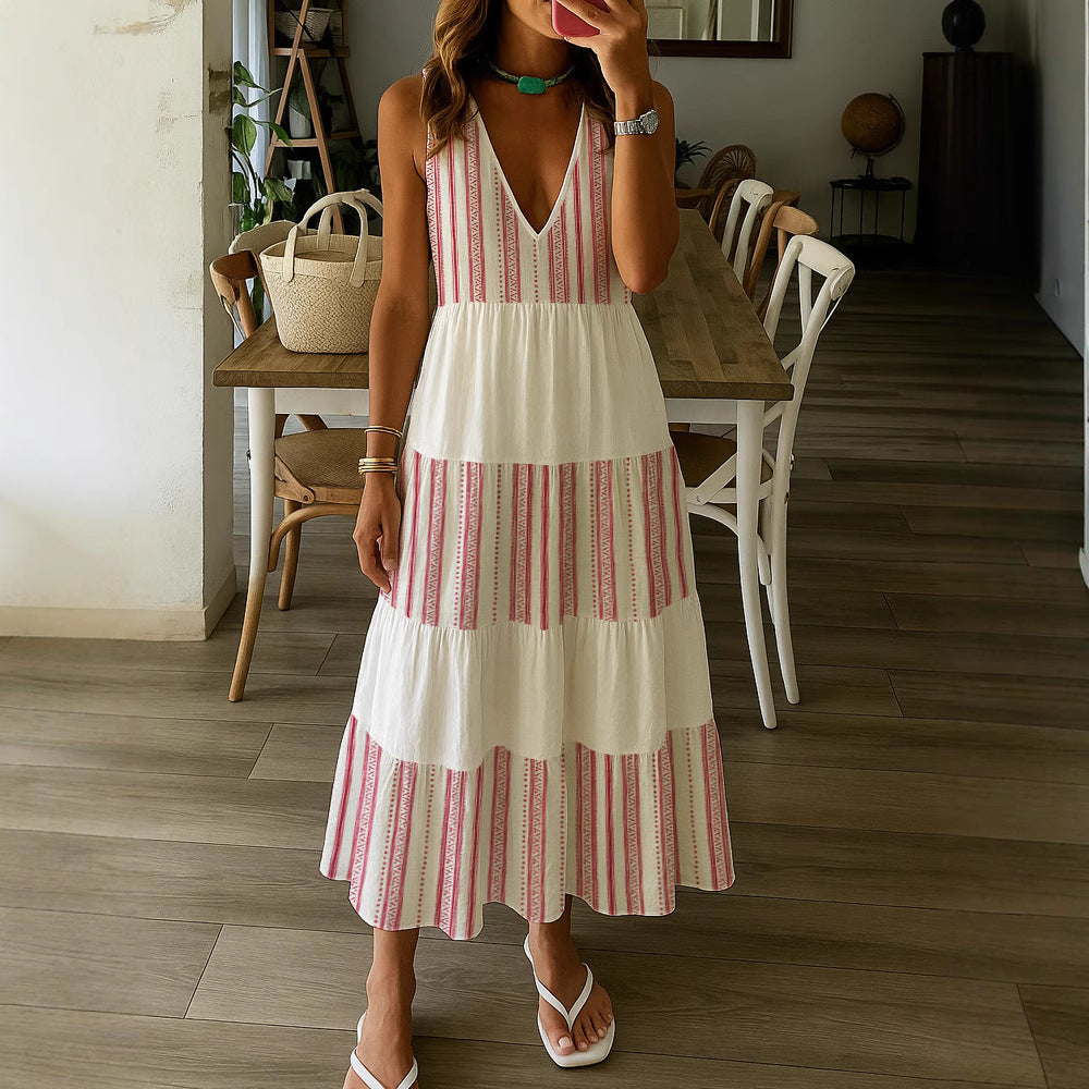 Damen Sommerliches Maxikleid mit tiefem V-Ausschnitt und breitem Rock Echo Archiv
