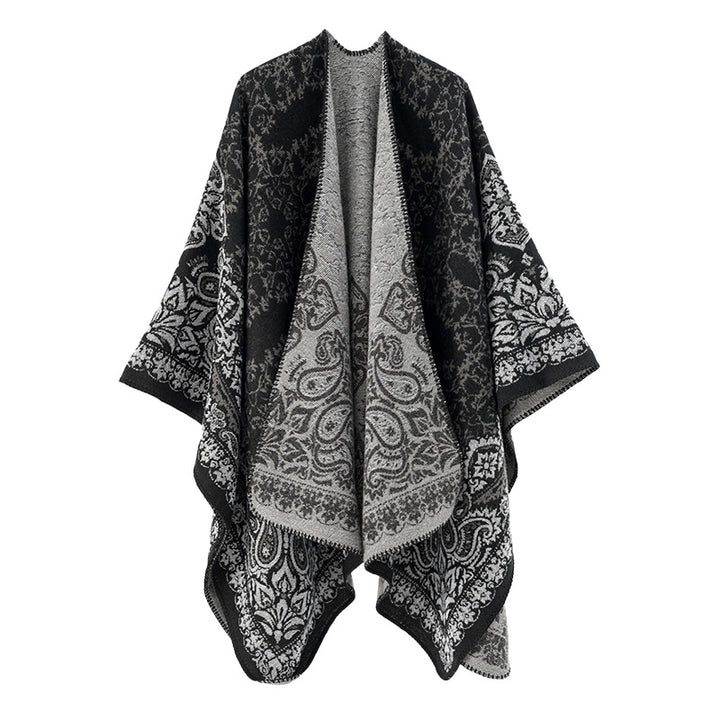 Damen Überwurfponcho im Double-Face‑Jacquard mit Paisley‑Inspiration und Zierstichkante – Célinea