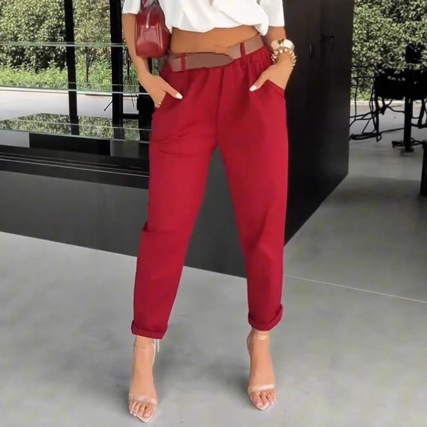 Damen nan hochtaillierte Paperbag-Hose mit gerafftem Bund, Eingrifftaschen und gekrempeltem Saum Echo Archiv