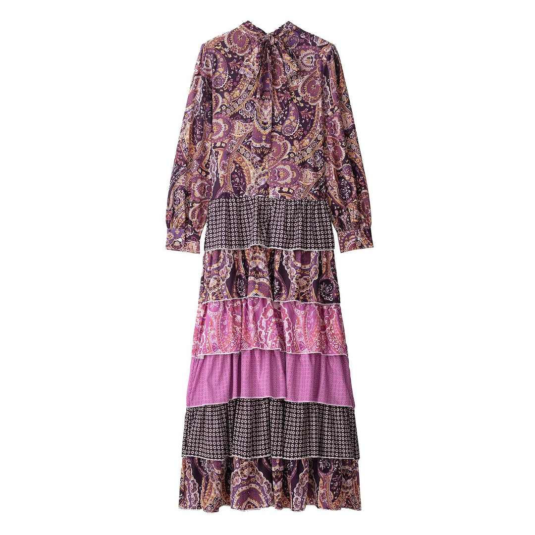 Damen nan gestuftes Maxikleid mit Paisley‑Patchwork, Schleifenkragen und langen Manschettenärmeln Echo Archiv