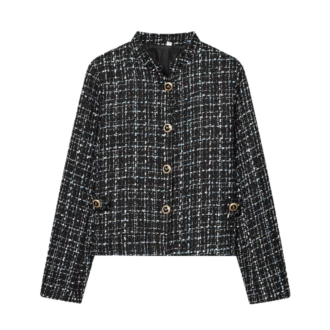 Damen Bouclé‑Tweed‑Cropped‑Jacke mit Stehkragen und goldfarbenen Schmuckknöpfen Echoarchiv